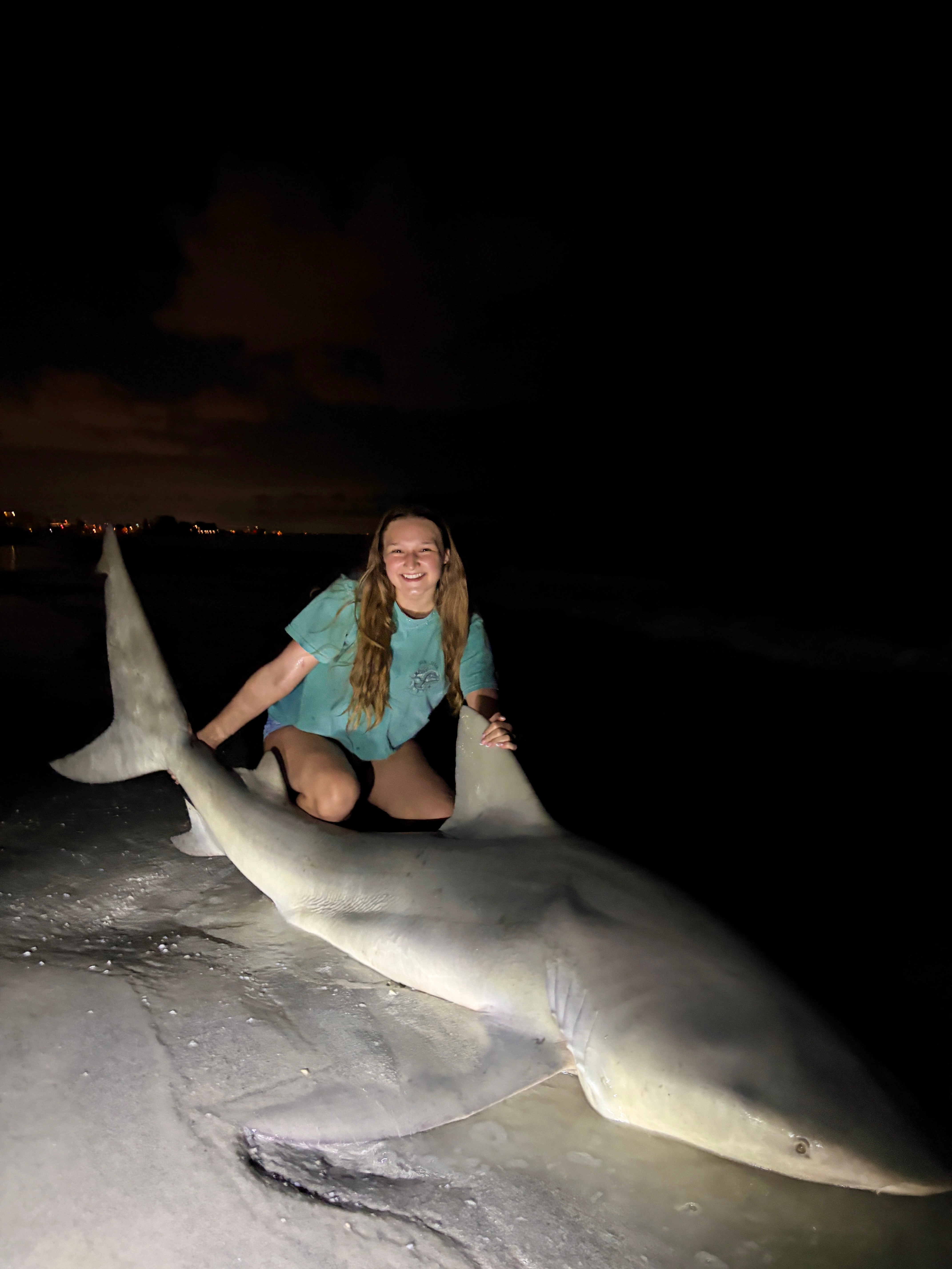 Bull shark posed with young woman.